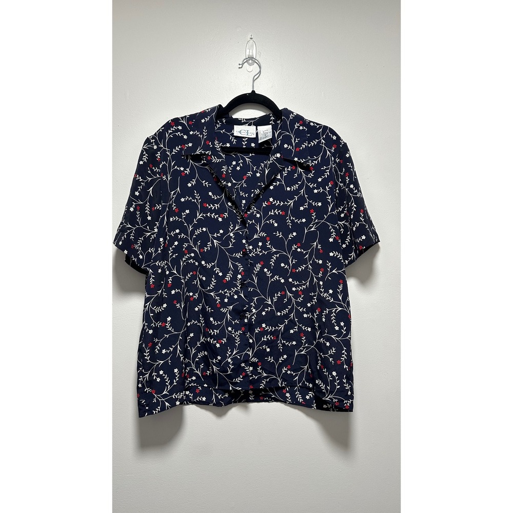 Cricket Lane Vintage Navy Blue Floral Short Sleeve Button Up Top Size 16